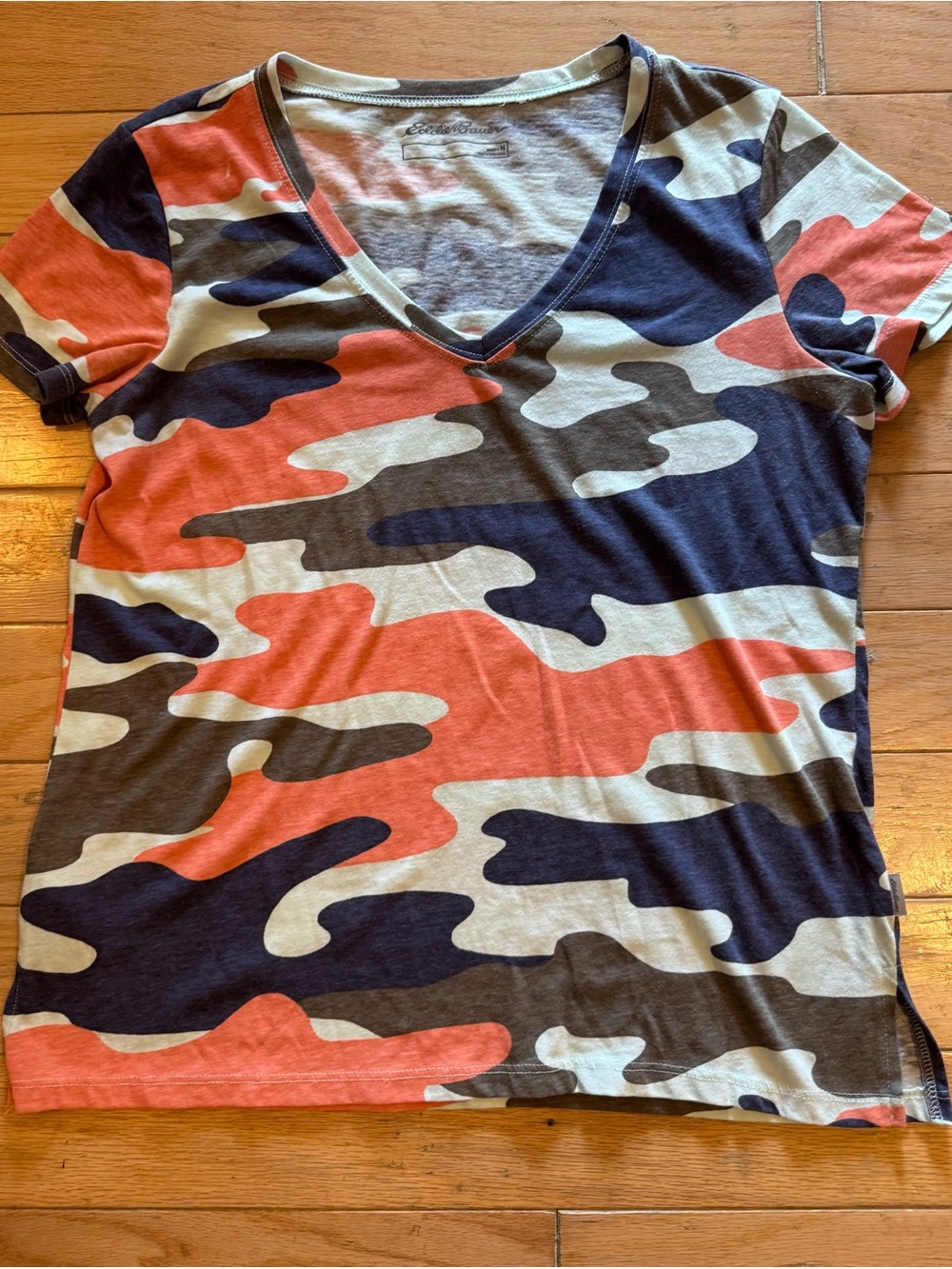 Eddie Bauer Coral Navy and Olive Camo V-Neck Tee